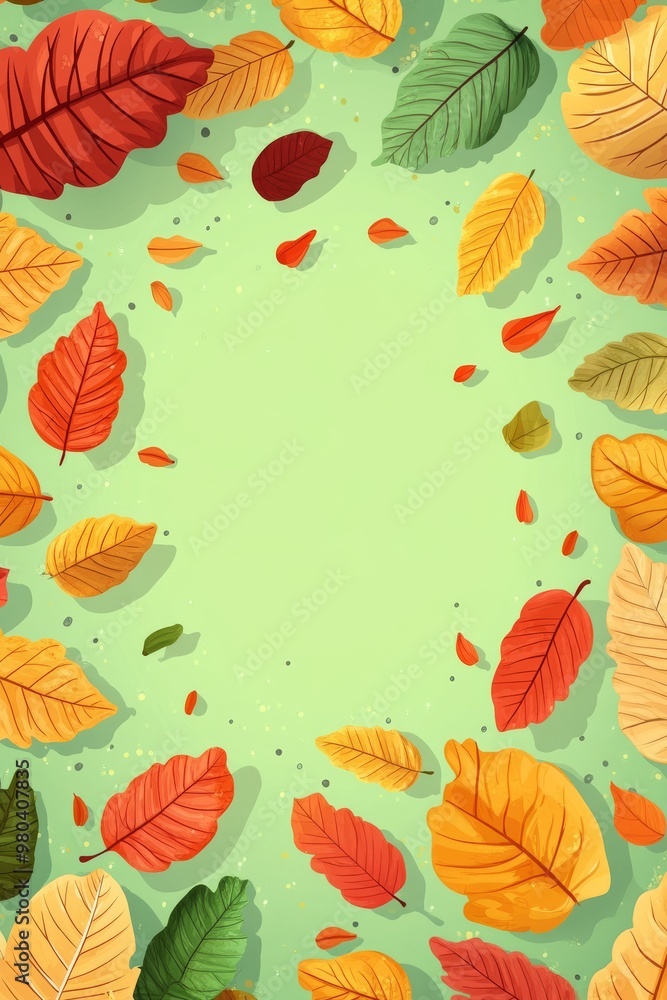 Colorful autumn leaves scattered on a soft green background, creating a vibrant seasonal display of nature's beauty Colorful autumn leaves scattered on a soft green background, creating a vibrant seasonal display of nature's beauty