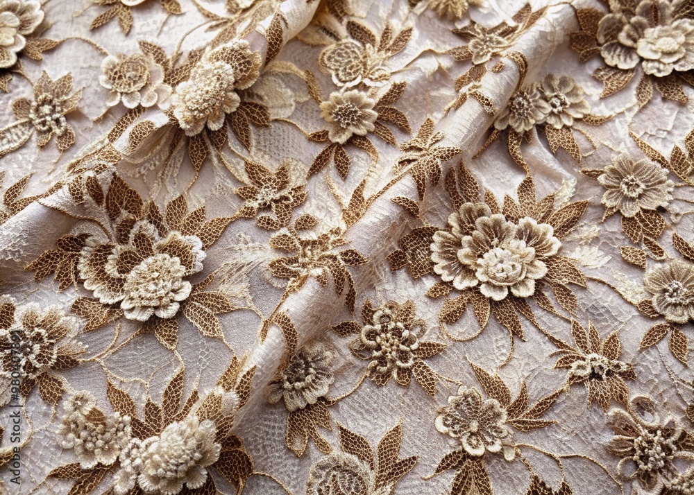 Intricate floral pattern adorns soft, slightly raised classic lace fabric with subtle sheen, evoking timeless elegance and sophistication, perfect for luxurious formal attire. Intricate floral pattern adorns soft, slightly raised classic lace fabric with subtle sheen, evoking timeless elegance and sophistication, perfect for luxurious formal attire.