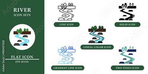 River icons sets. Nature environment concept. Various style icons on isolated background for web design, symbol, sign, presentation, and infographics. EPS 10. 