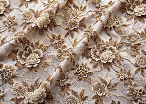 Intricate floral pattern adorns soft, slightly raised classic lace fabric with subtle sheen, evoking timeless elegance and sophistication, perfect for luxurious formal attire.