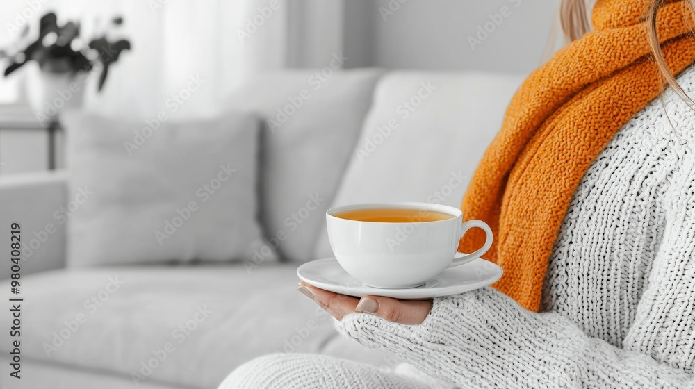 Woman in Cozy Knit Sweater Holding a Cup of Tea Woman in Cozy Knit Sweater Holding a Cup of Tea