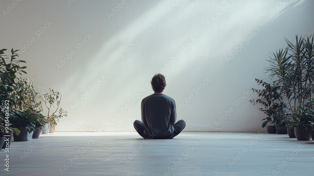 Man meditating in a white room with plants Man meditating in a white room with plants
