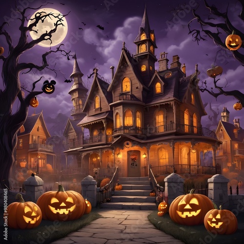 Halloween background with pumpkins, haunted house and moon in the sky