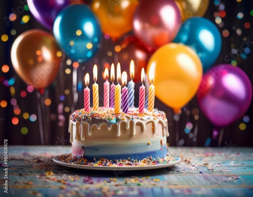 Primer plano de un pastel de cumpleaños colorido con velas encendidas y decoración de glaseado brillante. El fondo está desenfocado con confeti y globos de colores, creando una sensación festiva.