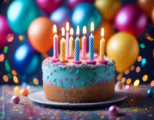 Primer plano de un pastel de cumpleaños colorido con velas encendidas y decoración de glaseado brillante. El fondo está desenfocado con confeti y globos de colores, creando una sensación festiva.