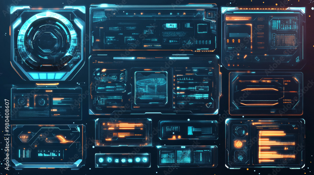 Collection of Sci-Fi Contemporary User Interface Components. Digital advanced HUD interface panels, holographic high-tech displays on an isolated background. Sci-Fi display panels for gaming. Advanced Collection of Sci-Fi Contemporary User Interface Components. Digital advanced HUD interface panels, holographic high-tech displays on an isolated background. Sci-Fi display panels for gaming. Advanced