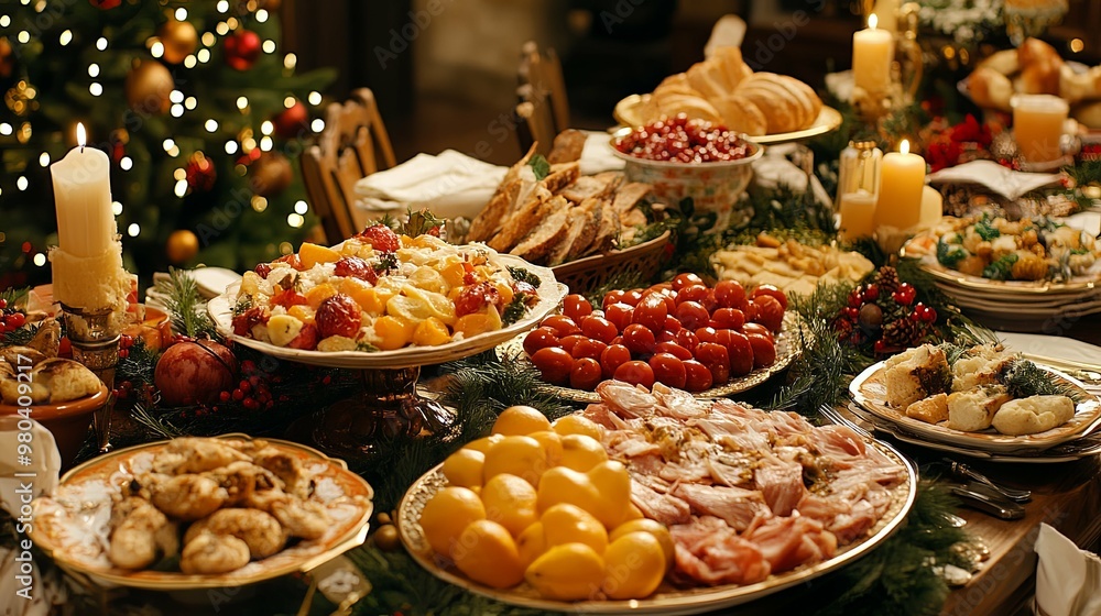 A Festive Christmas Dinner Table Spread with Various Dishes and Decorations A Festive Christmas Dinner Table Spread with Various Dishes and Decorations