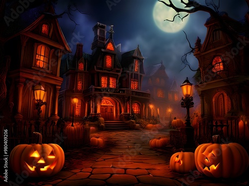 Halloween background with pumpkins, haunted house and moon in the sky photo