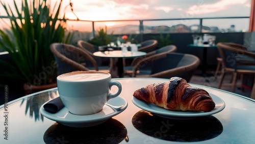 Cup of Fragrant Cappuccino and Warm Croissant on Glass Table at Cafe Terrace, Ideal Setting for a Delightful Morning Coffee Break, Photo photo