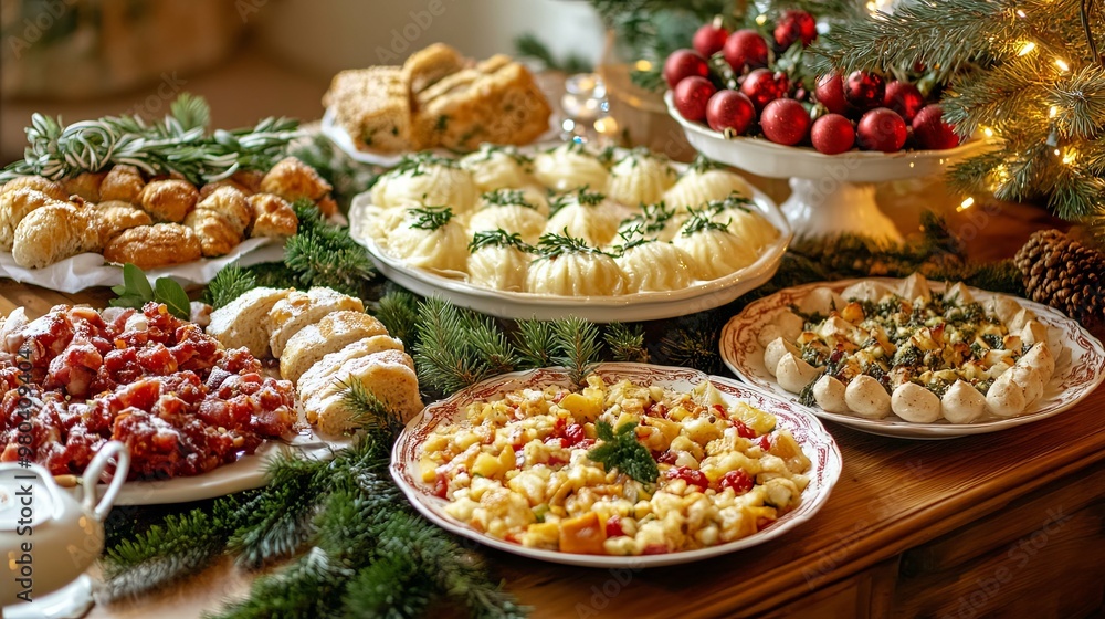 Festive Christmas Table Setting with Various Appetizers and Decorations