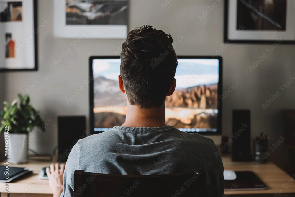 rear view of man using modern computer at home office rear view of man using modern computer at home office