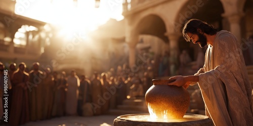 A vibrant scene of Jesus turning water into wine at the wedding in Cana photo