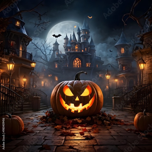 Halloween background with pumpkins, haunted house and moon in the sky photo