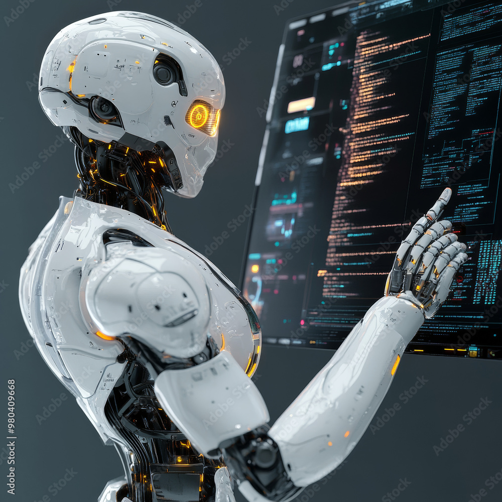 A robot with AI stands with its back to the viewer, interacting with an industrial 3D virtual interface. From a rear view, the cyborg taps a button on a holographic touch screen while observing . A robot with AI stands with its back to the viewer, interacting with an industrial 3D virtual interface. From a rear view, the cyborg taps a button on a holographic touch screen while observing .