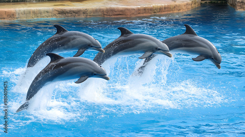 Joyful dolphins dance through the sparkling, azure ocean