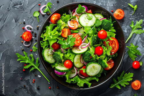 top view of vegetable salad on grey table with copy space