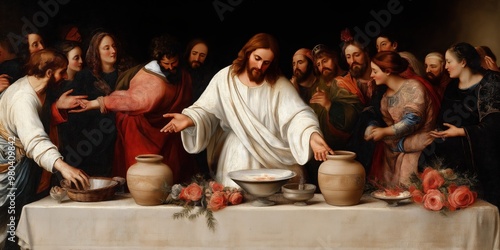 Wallpaper Mural A vibrant scene of Jesus turning water into wine at the wedding in Cana Torontodigital.ca