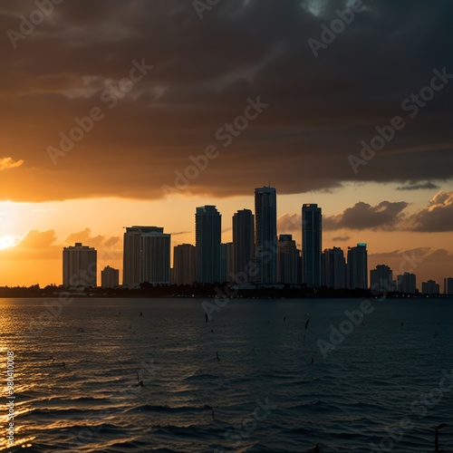 a city skyline with a sunset and a boat in the water.