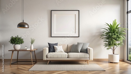 blank white black square frame hung up on a wall in a living. wall art poster mockup. Generative AI