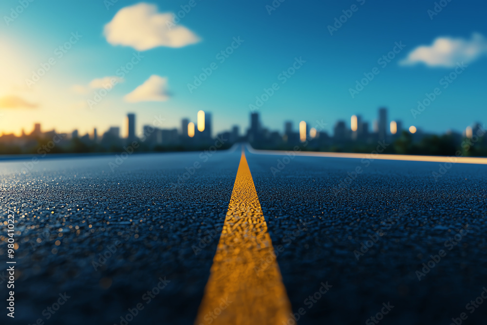 A picturesque view of an empty road stretching toward a vibrant city skyline under a clear blue sky during sunset. A picturesque view of an empty road stretching toward a vibrant city skyline under a clear blue sky during sunset.