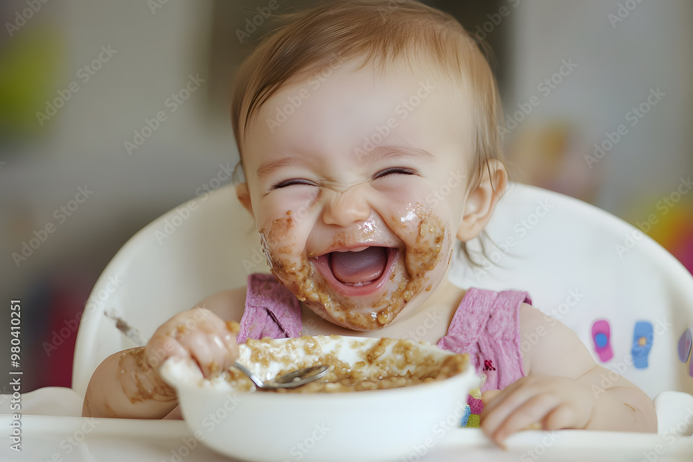 Close-up portrait of a laughing baby girl has a face covered in food as she happily eats with a spoon. Her eyes shine with happiness, and remnants of her meal are smeared across her cheeks and chin Close-up portrait of a laughing baby girl has a face covered in food as she happily eats with a spoon. Her eyes shine with happiness, and remnants of her meal are smeared across her cheeks and chin