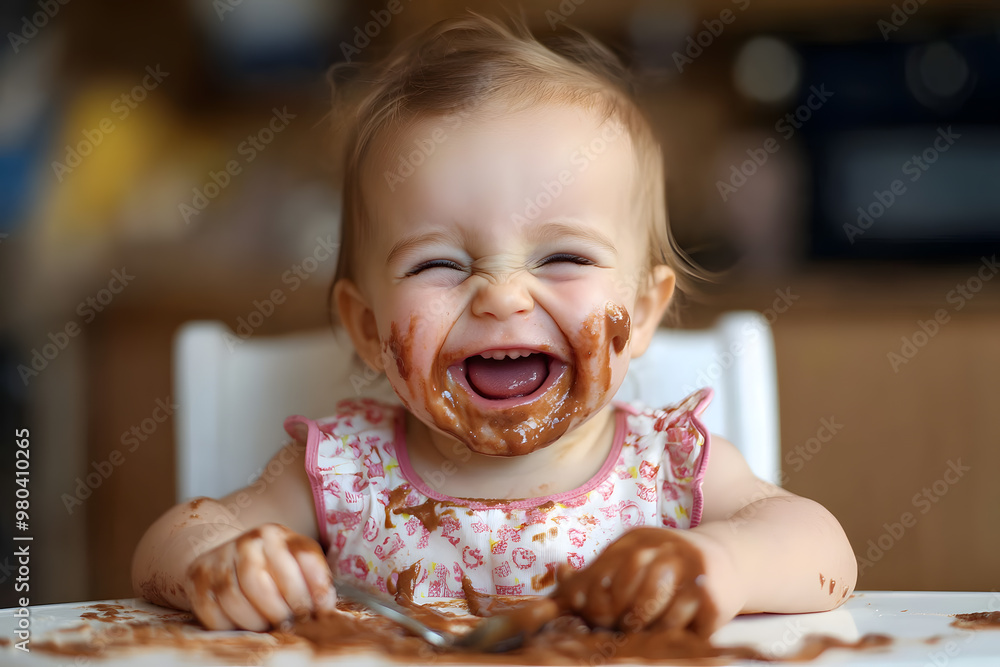 Close-up portrait of a laughing baby girl has a face covered in food as she happily eats with a spoon. Her eyes shine with happiness, and remnants of her meal are smeared across her cheeks and chin Close-up portrait of a laughing baby girl has a face covered in food as she happily eats with a spoon. Her eyes shine with happiness, and remnants of her meal are smeared across her cheeks and chin