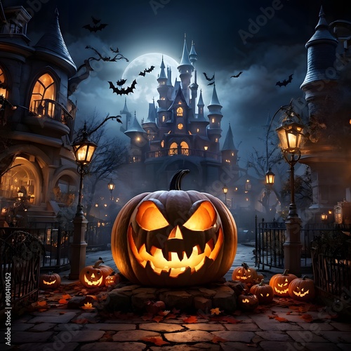 Halloween background with pumpkins, haunted house and moon in the sky photo