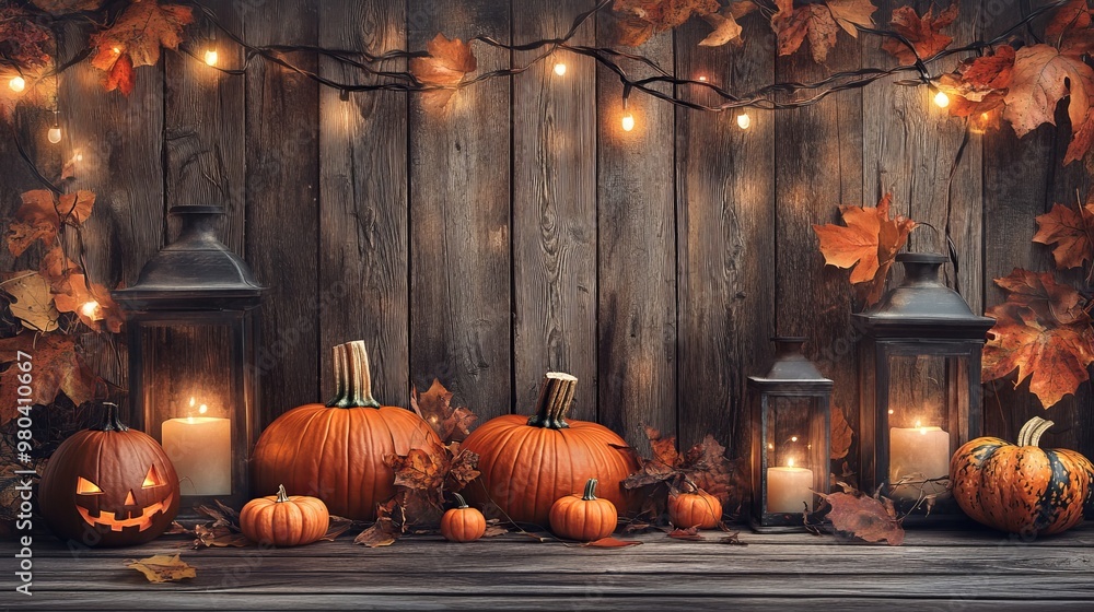Obraz premium Charming rustic wooden backdrop with pumpkins, gourds, and lanterns for autumn themed designs