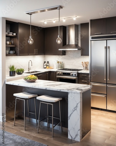 Apartment kitchen with small island and stainless steel appliances