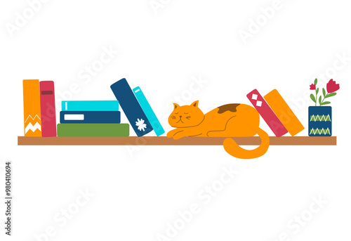 Book shelves. Books, cat and tea on the rack. Interior design. Vector flat illustration. 