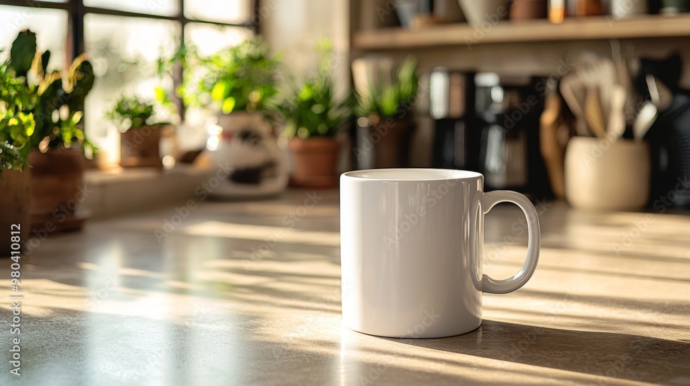 White Mug on Wooden Table with Sunlight and Plants in Background White Mug on Wooden Table with Sunlight and Plants in Background