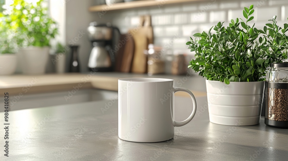 White Coffee Mug on Kitchen Counter with Plants White Coffee Mug on Kitchen Counter with Plants