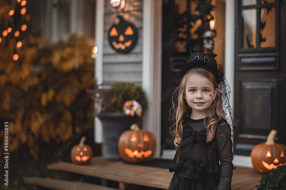 Fototapeta premium little girl in black halloween dress near decorated house with pumpkins
