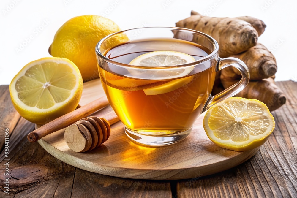 Warm and inviting cup of ginger honey tea with a slice of lemon on a transparent isolated background, perfect for relaxation and wellness themes. Warm and inviting cup of ginger honey tea with a slice of lemon on a transparent isolated background, perfect for relaxation and wellness themes.