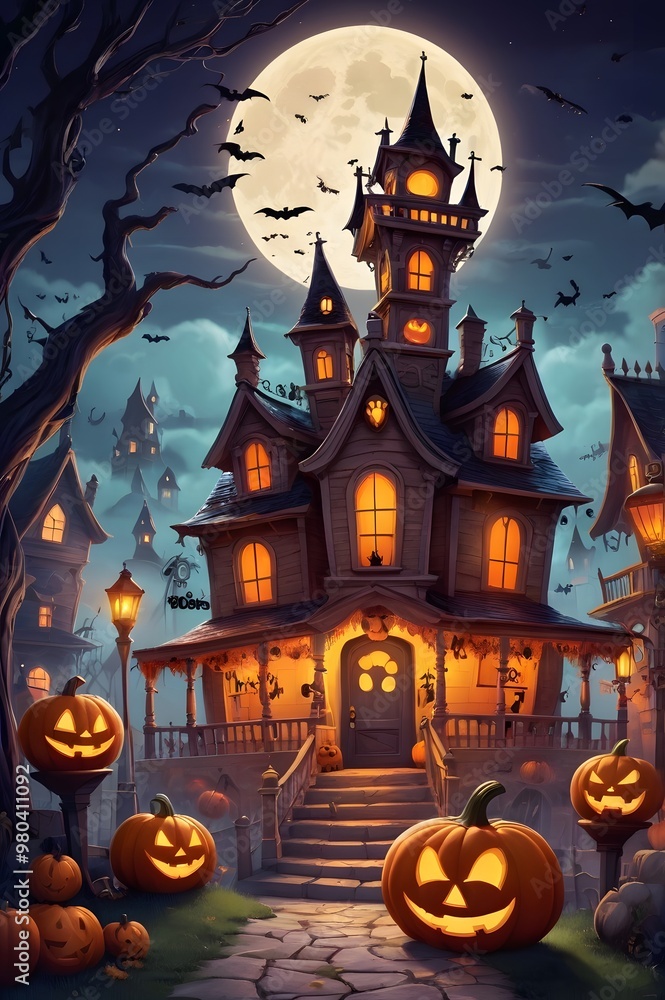 Halloween background with pumpkins, haunted house and moon in the sky Halloween background with pumpkins, haunted house and moon in the sky