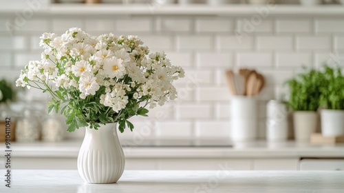 White Flowers in Vase on Kitchen Countertop