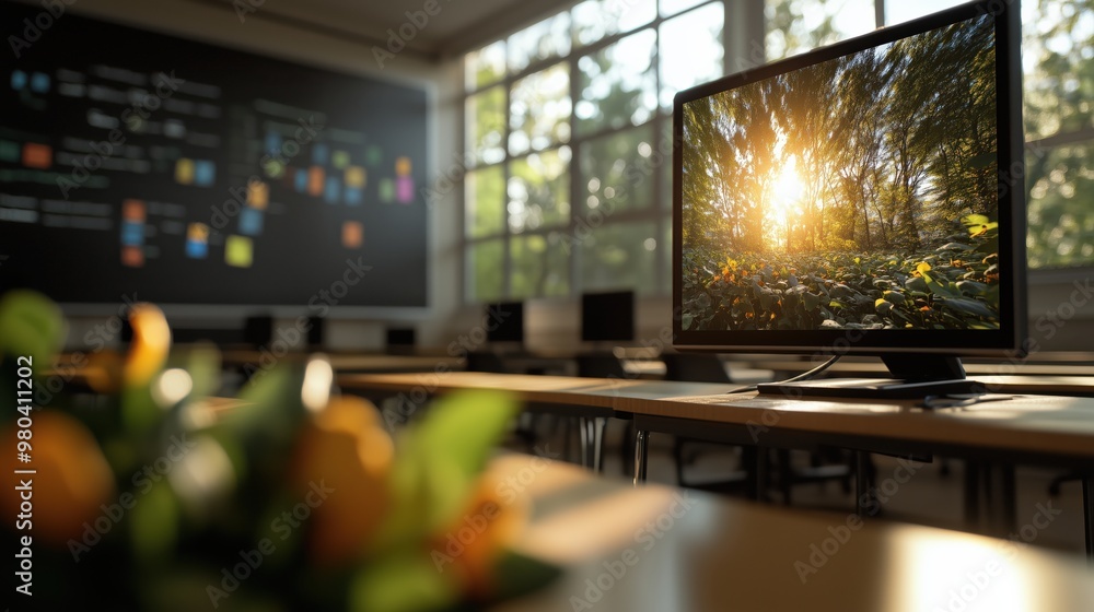 Fototapeta premium Ambient computing in classroom setting with natural light for inspirational learning spaces