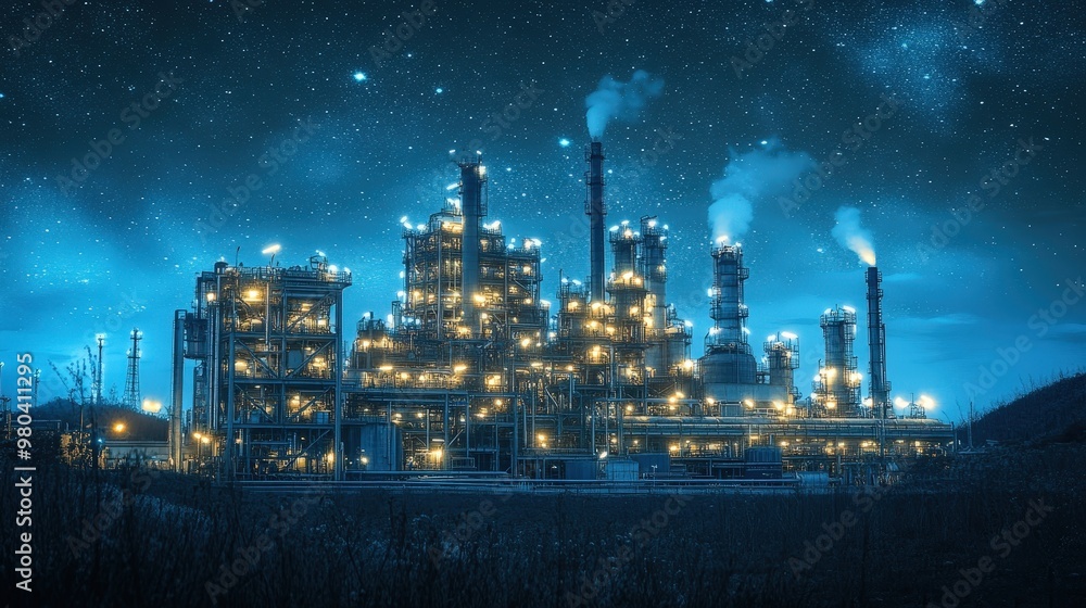 Naklejka premium nighttime view of an industrial plant with glowing lights and a starry sky