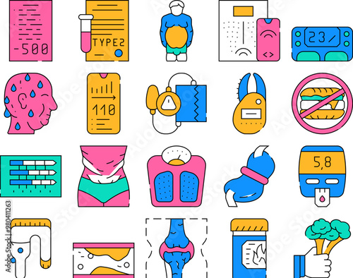 Cholesterol Overweight Collection Icons Set Vector. Cholesterol Overweight People And Diabetes Disease, Food Diary And Smart Scales color Contour Illustrations