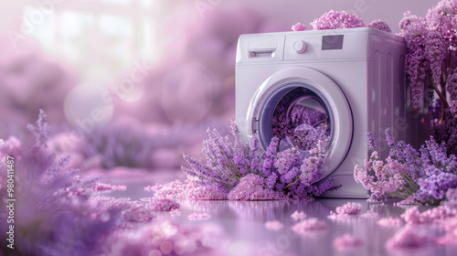 Washing machine with lavender flowers inside.