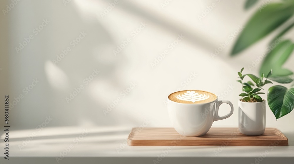 A serene setting featuring a cozy cup of coffee and a small plant, ideal for a calming atmosphere and inviting ambiance. A serene setting featuring a cozy cup of coffee and a small plant, ideal for a calming atmosphere and inviting ambiance.