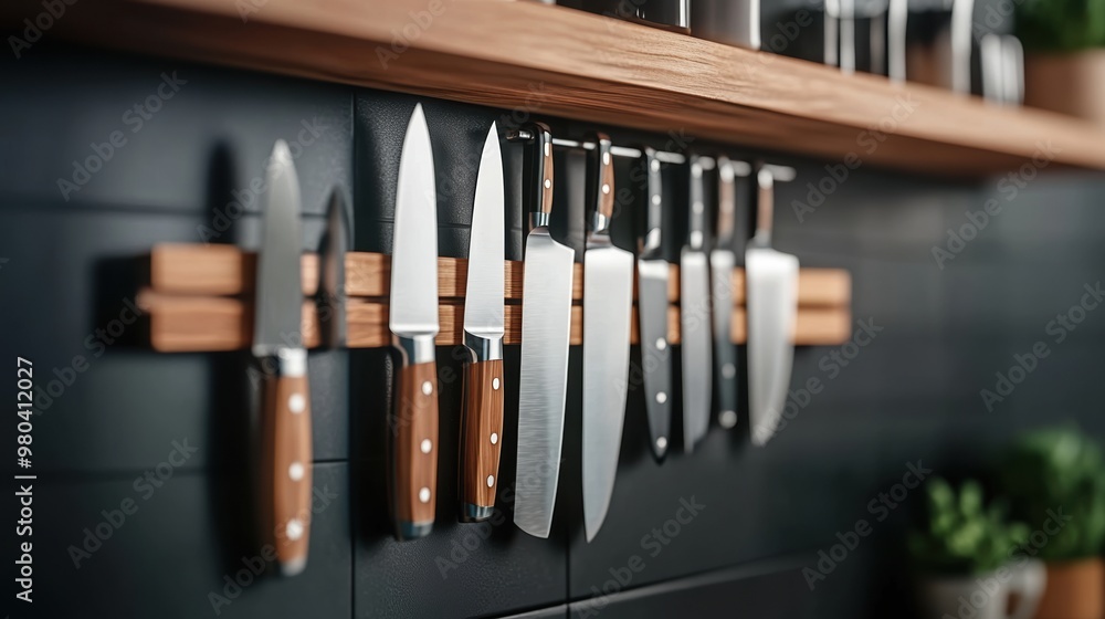 A stylish arrangement of kitchen knives hanging on a wooden rack, showcasing sharp blades and elegant handles in a modern kitchen. A stylish arrangement of kitchen knives hanging on a wooden rack, showcasing sharp blades and elegant handles in a modern kitchen.