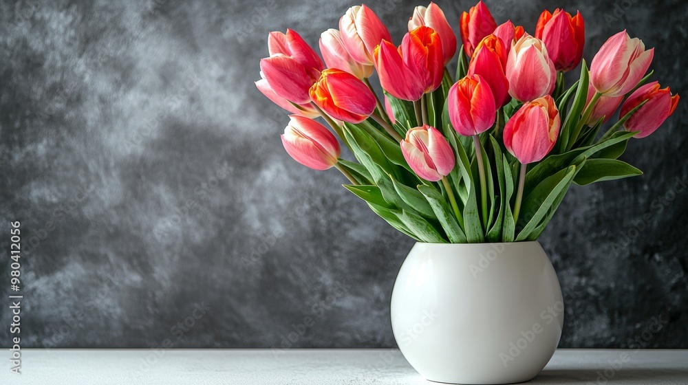 Fototapeta premium Pink and White Tulips in White Vase on Gray Background