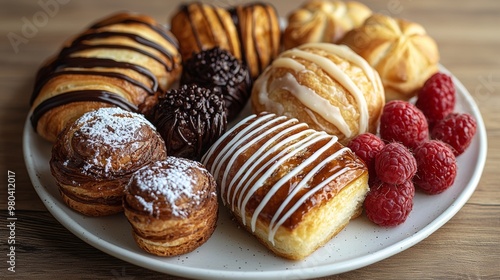 Delicious Pastry Assortment with Fresh Raspberries on a White Plate