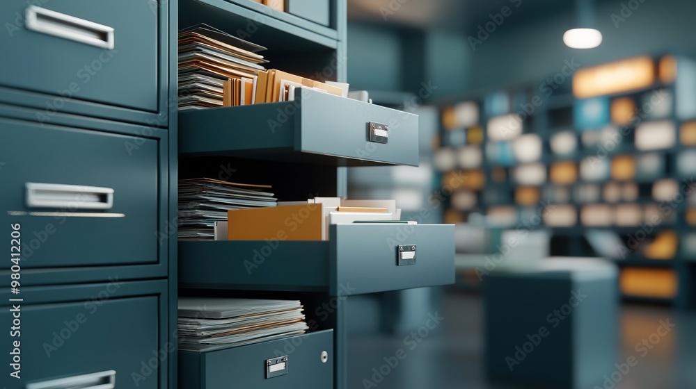 An organized office storage cabinet filled with files, showcasing a tidy workspace with blue drawers and neatly arranged documents. An organized office storage cabinet filled with files, showcasing a tidy workspace with blue drawers and neatly arranged documents.
