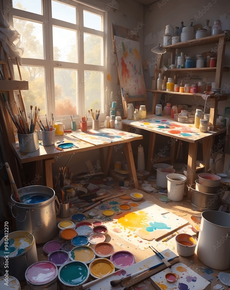 Artist studio with messy paints and soft sunlight Artist studio with messy paints and soft sunlight