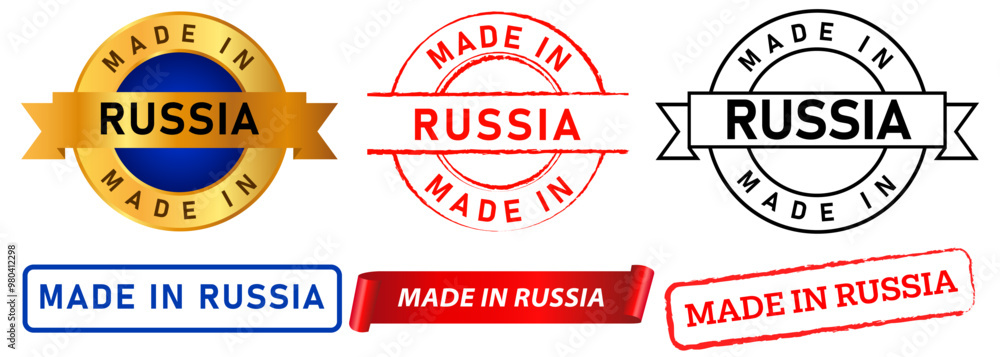Obraz premium Made in Russia stamp colorful badge manufactured product export import label sticker design set collection