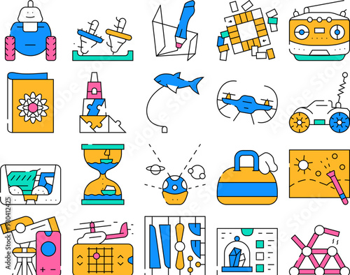 Toy And Children Game Collection Icons Set Vector. Robot And Radio Controlled Car, Flying Fish And Doggy Bag, Quadrocopter And Telescope Toy color Contour Illustrations