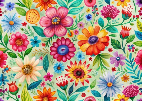 Whimsical abstract hand-drawn flower art seamless pattern illustration in vibrant acrylic paint, evoking a vintage art style, perfect for spring season painting prints.