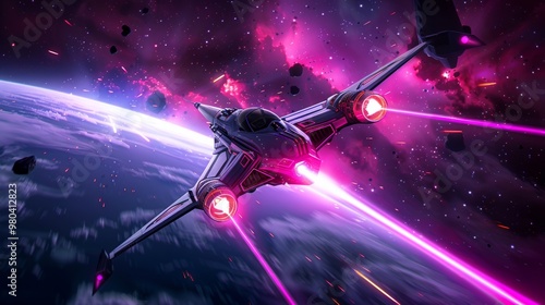 Futuristic Spaceship Flying Through Space with Pink Nebula